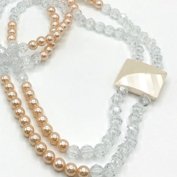 Vintage 27" Necklace Two Strands Clear And Champagne Pink Beads - Picture 1 of 3
